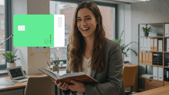 Happy young Caucasian woman with long brown hair, wearing a grey blazer, standing in an office holding an open book. A large green and white Visa credit card graphic is displayed prominently on the left side of the image.