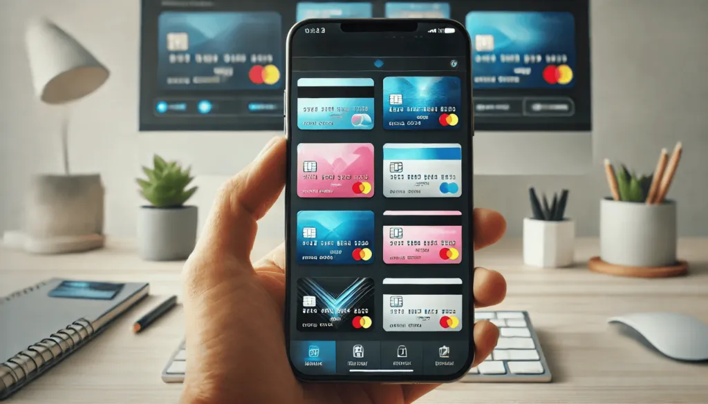 A digital wallet screen on a smartphone showing various credit cards, representing Gen Z’s digital-first approach to payments.