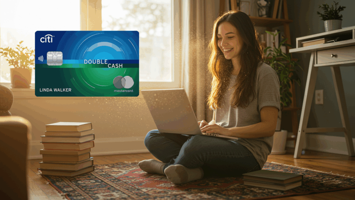 Mujer joven sentada en el suelo con una computadora portátil, rodeada de libros, con una tarjeta Citi Double Cash Mastercard flotando a la izquierda.