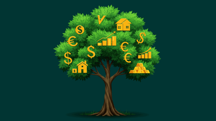 Ilustración de un árbol robusto cuyas ramas son diferentes símbolos de inversión, representando cómo una cartera diversificada crece y protege el patrimonio contra los efectos de la inflación.