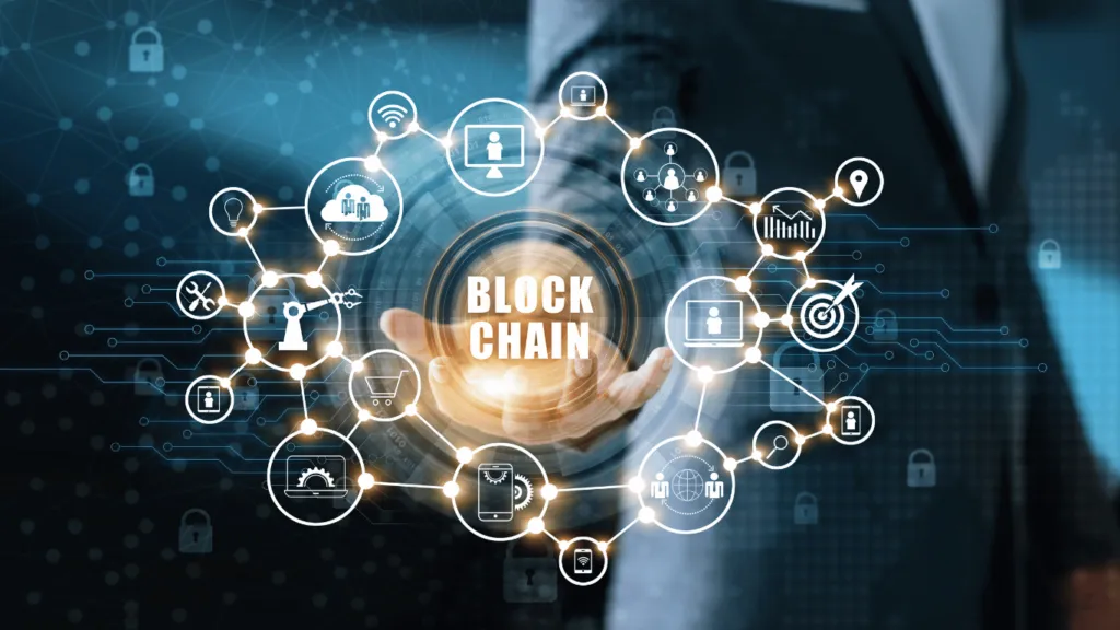 Blockchain data visualization representing the impact of technological advancements – A digital representation of blockchain technology with interconnected nodes symbolizing secure transactions and data storage.