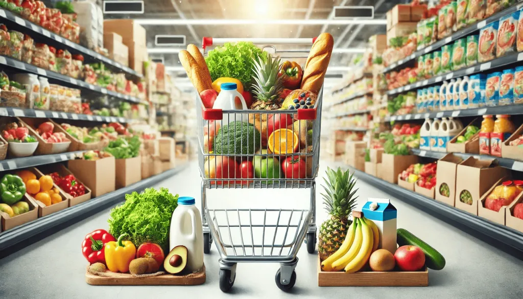 A grocery cart filled with affordable and healthy food.