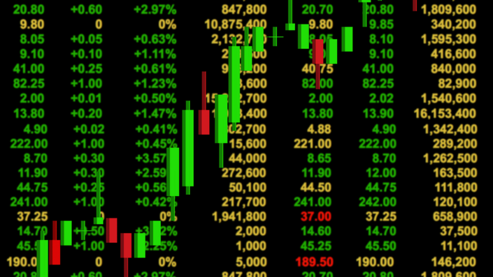 Gráfico de precios de acciones en tiempo real, mostrando los movimientos del mercado con números en verde y rojo, representando la inversión en el mercado de valores.