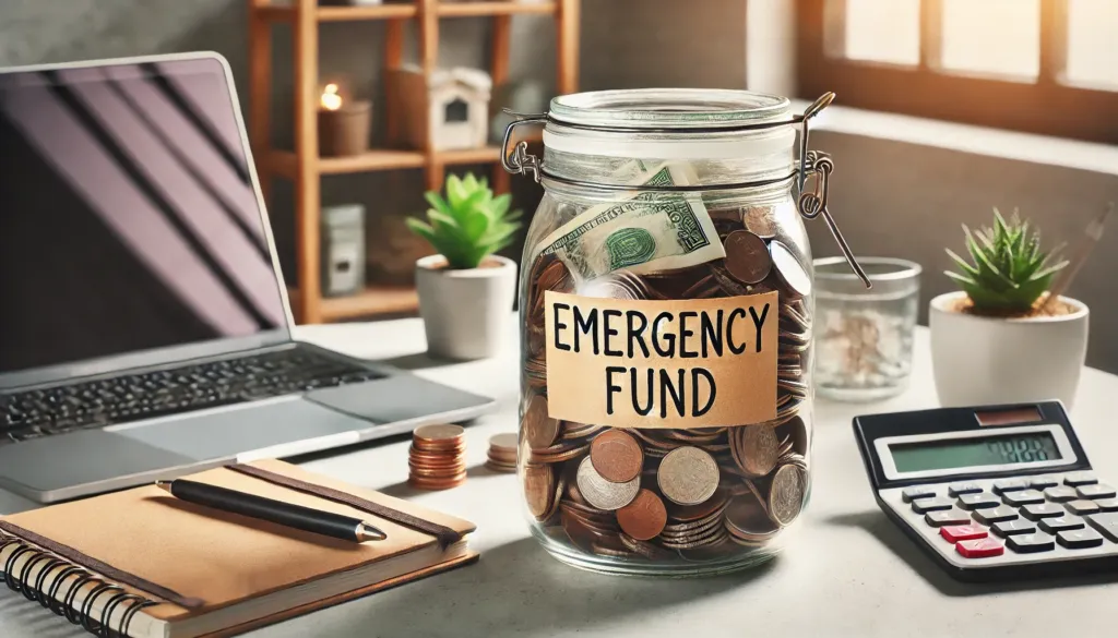 A jar labeled "Emergency Fund" with coins and cash, highlighting the importance of savings to reduce debt.