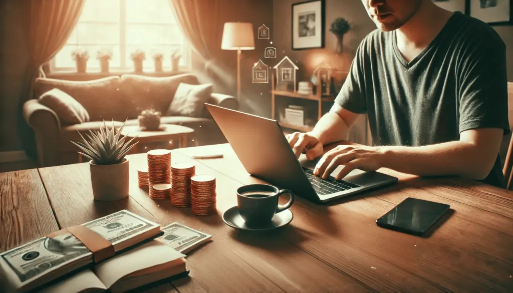 A person working on a laptop from home, showcasing additional income opportunities to combat rising living costs.