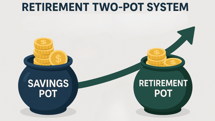Illustration of the retirement Two-Pot System, showing separate savings and retirement pots with arrows indicating growth.
