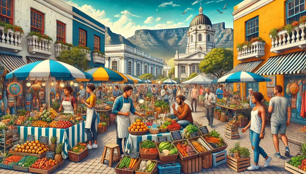 A vibrant street market in Cape Town with entrepreneurs and products on display, representing regional opportunities in South Africa’s investment landscape for 2025.