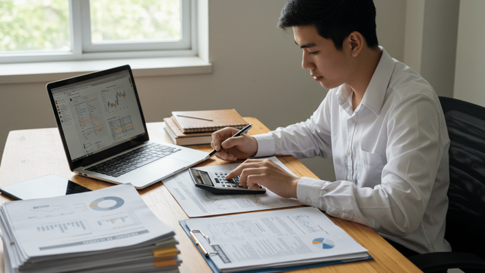 Student with textbooks and a calculator, looking at a computer screen with budgeting apps, actively managing finances and Saving money as a student.