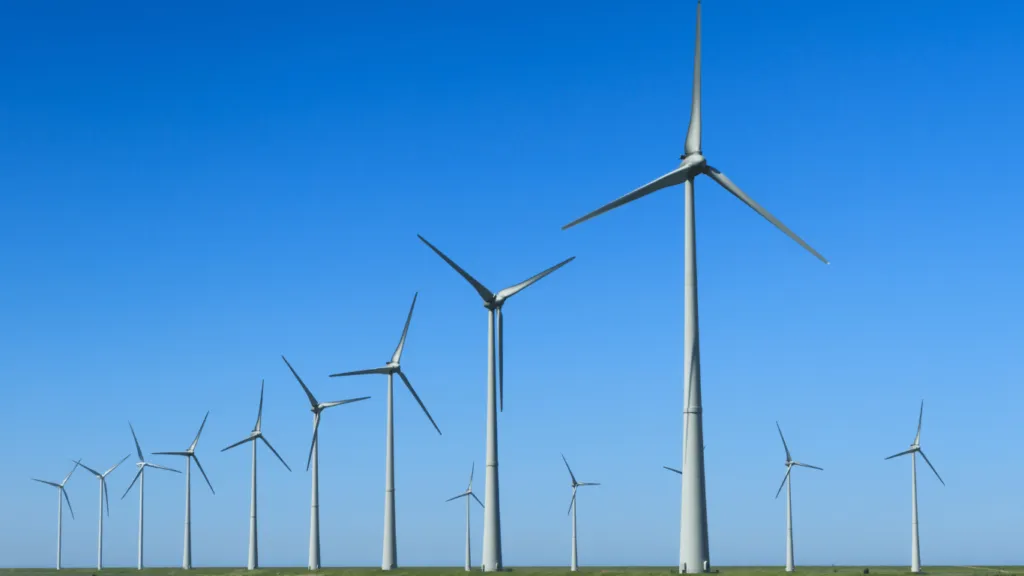 A row of modern wind turbines generating clean electricity, showcasing the potential of Renewable Energy Investments in wind power.